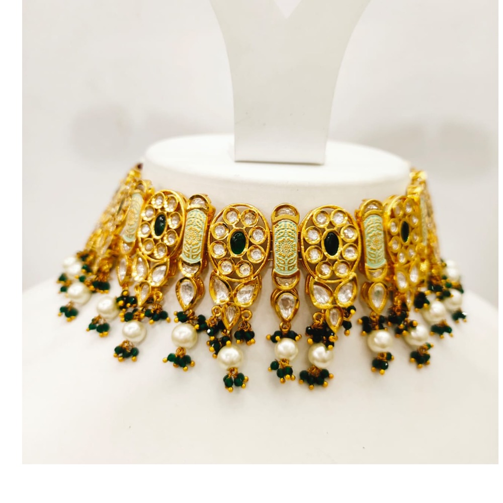 Green pearl beaded mini gold plated kundan choker with antique butti set 1471