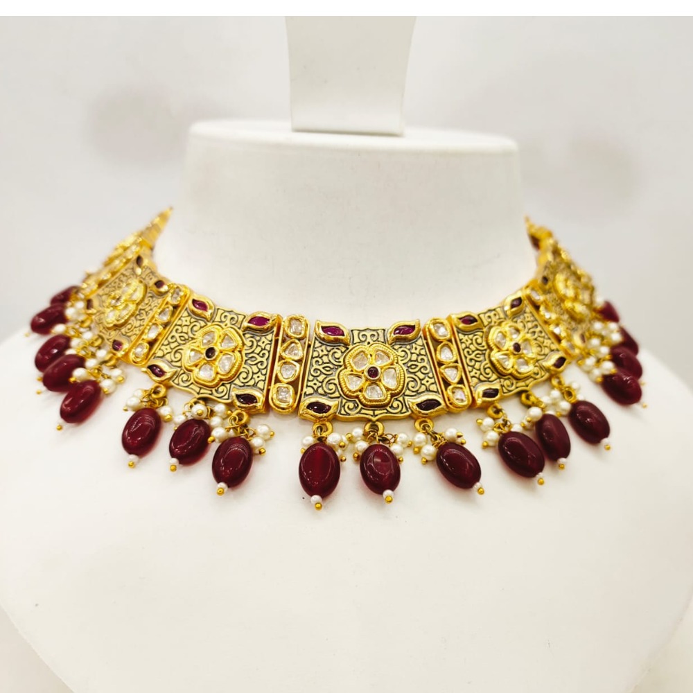 Gold plated with hanging ruby choker flower style design necklace set 1470