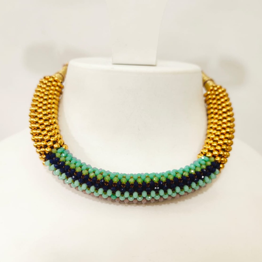 Rounded choker with gold , pink , sky blue and blue stone necklace set 1395