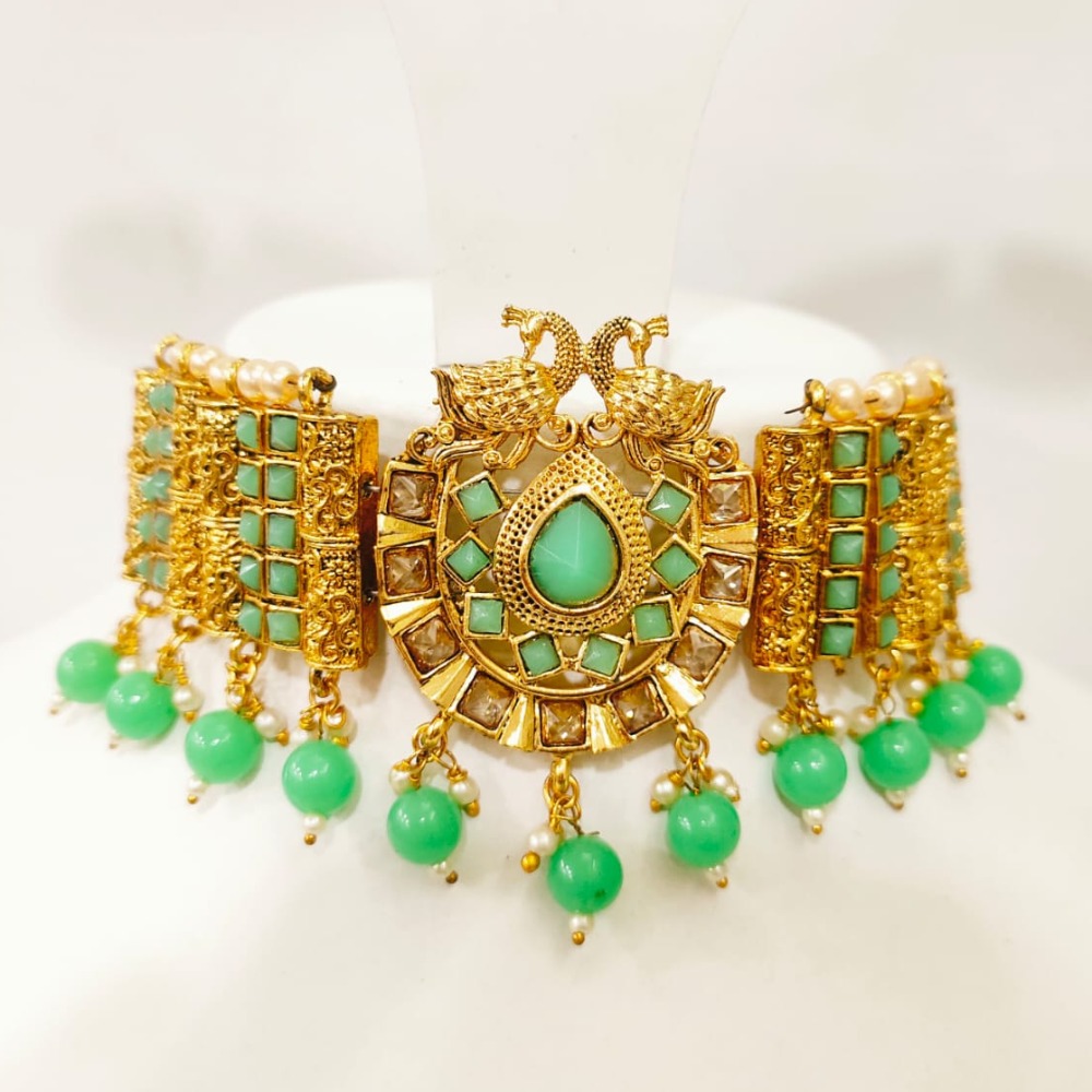full choker with peacock style design with sky blue hanging set 1394