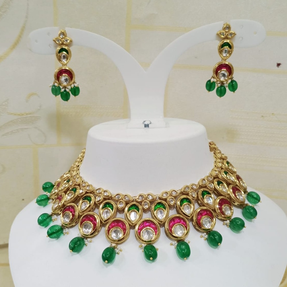 Kundan work with emerald and ruby choker necklace set 1281