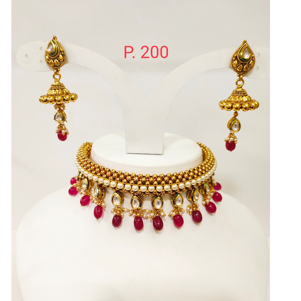 Antique Gold polish kundan & moti work design choker set with red bead 1278