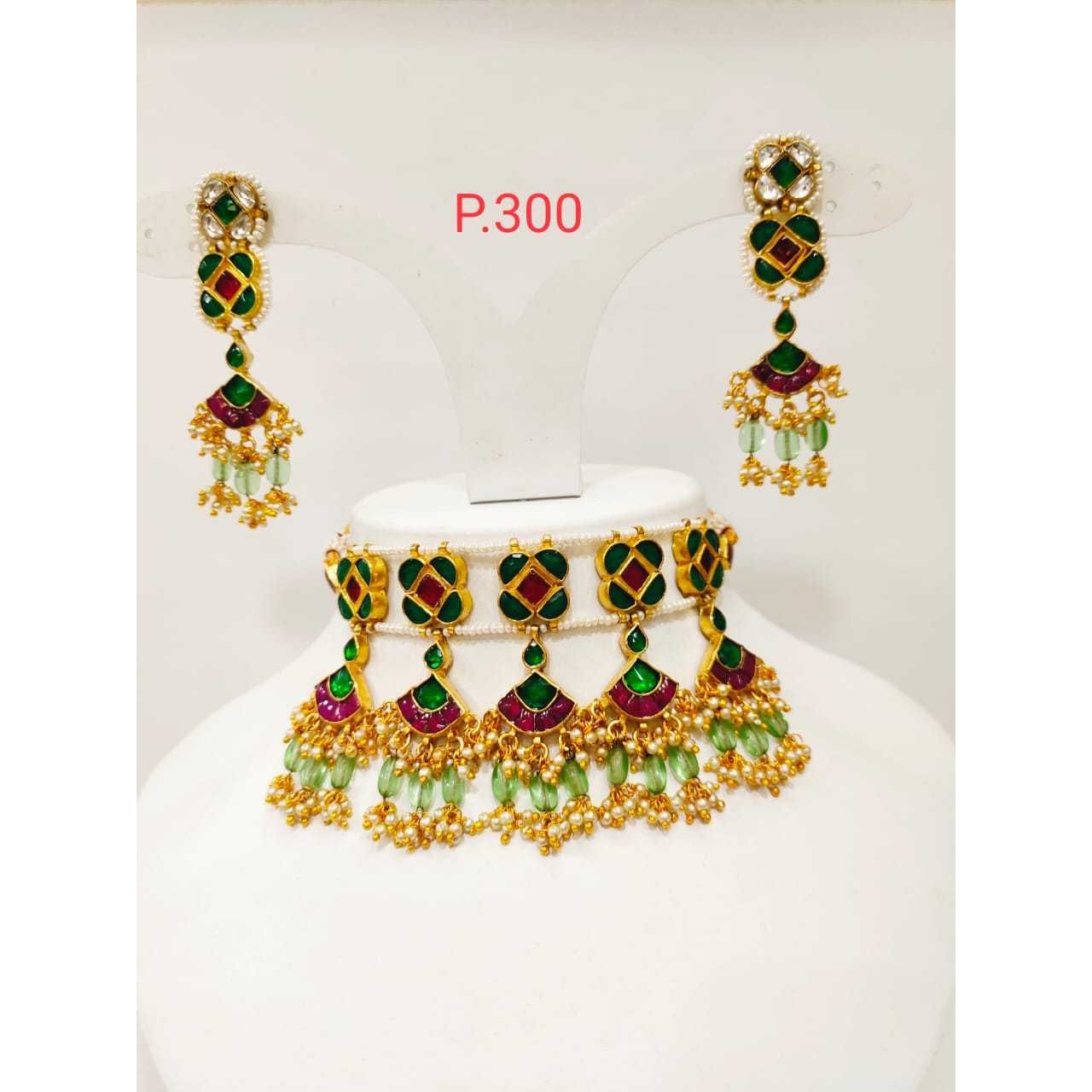 Traditional gold-plated kundan Choker Set With green and Red stone & mint bead  1191