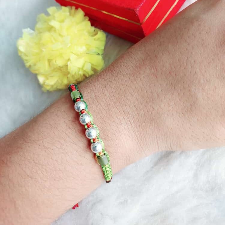 925 Silver Beads Green Thread Rakhi