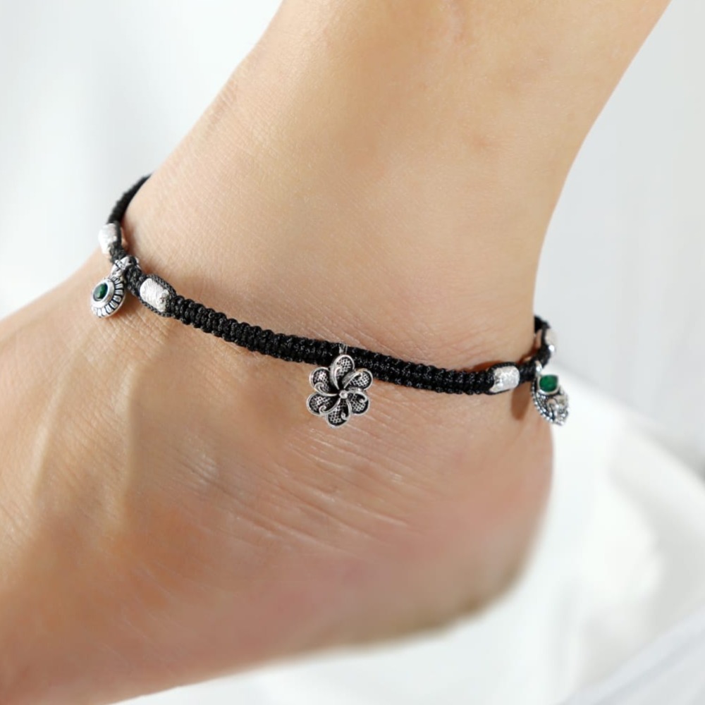 925 Silver Flower Design Thread Anklet