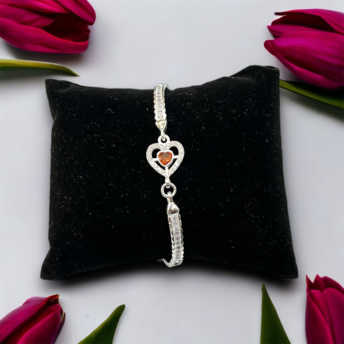925 Silver Heart Shape Orange Stone Bracelet
