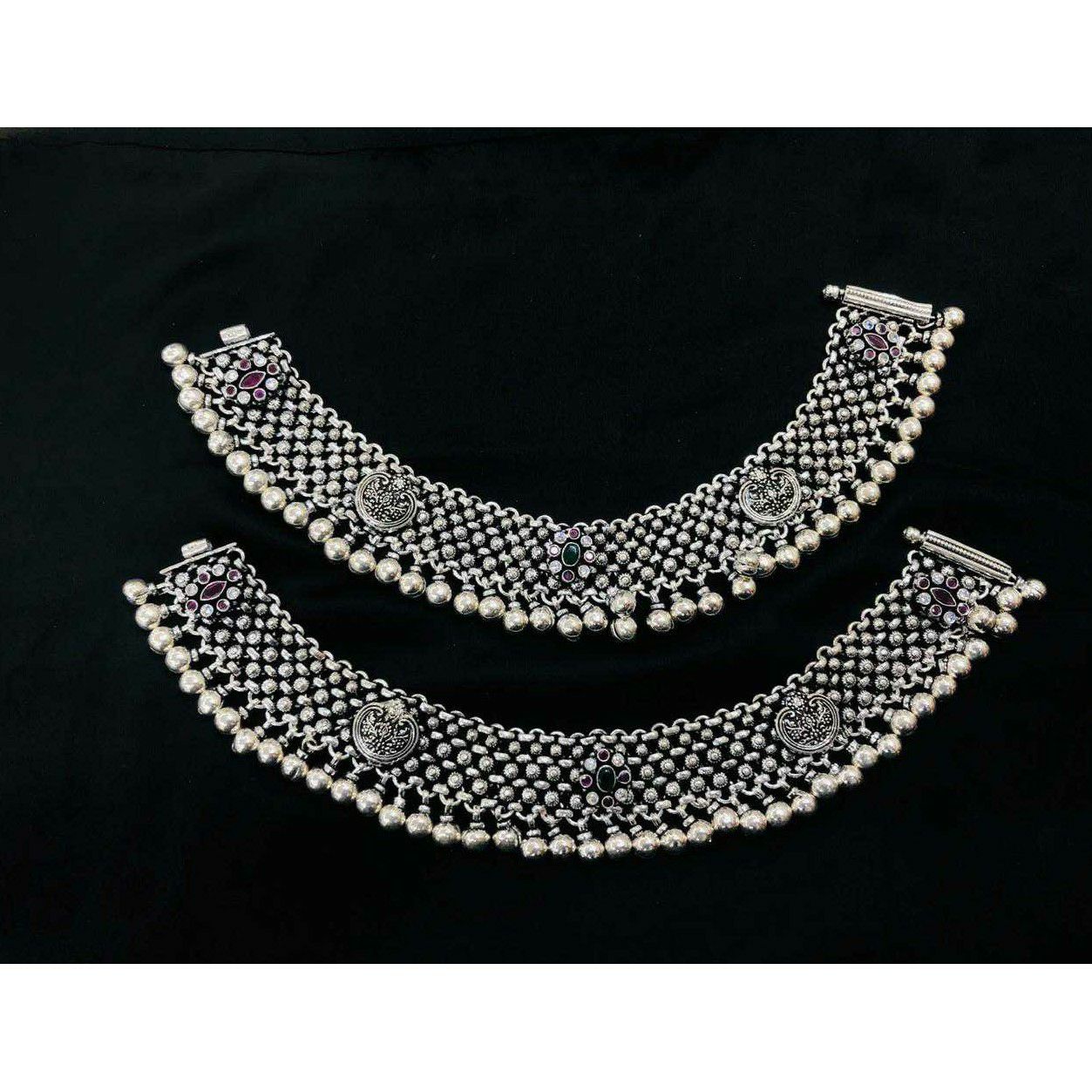 92.5 Sterling Silver Heavy Weight Apple Casting Oxodize Payal(Anklet) Ms-3860