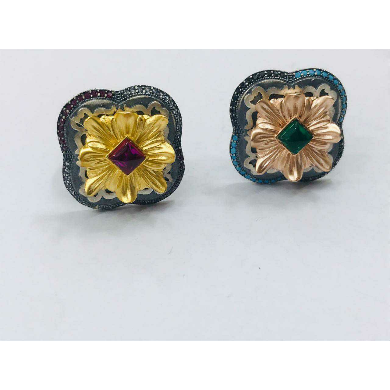 92.5 Sterling Silver Fancy Square Dimong Gold & rose Gold Square Ring Ms-3340