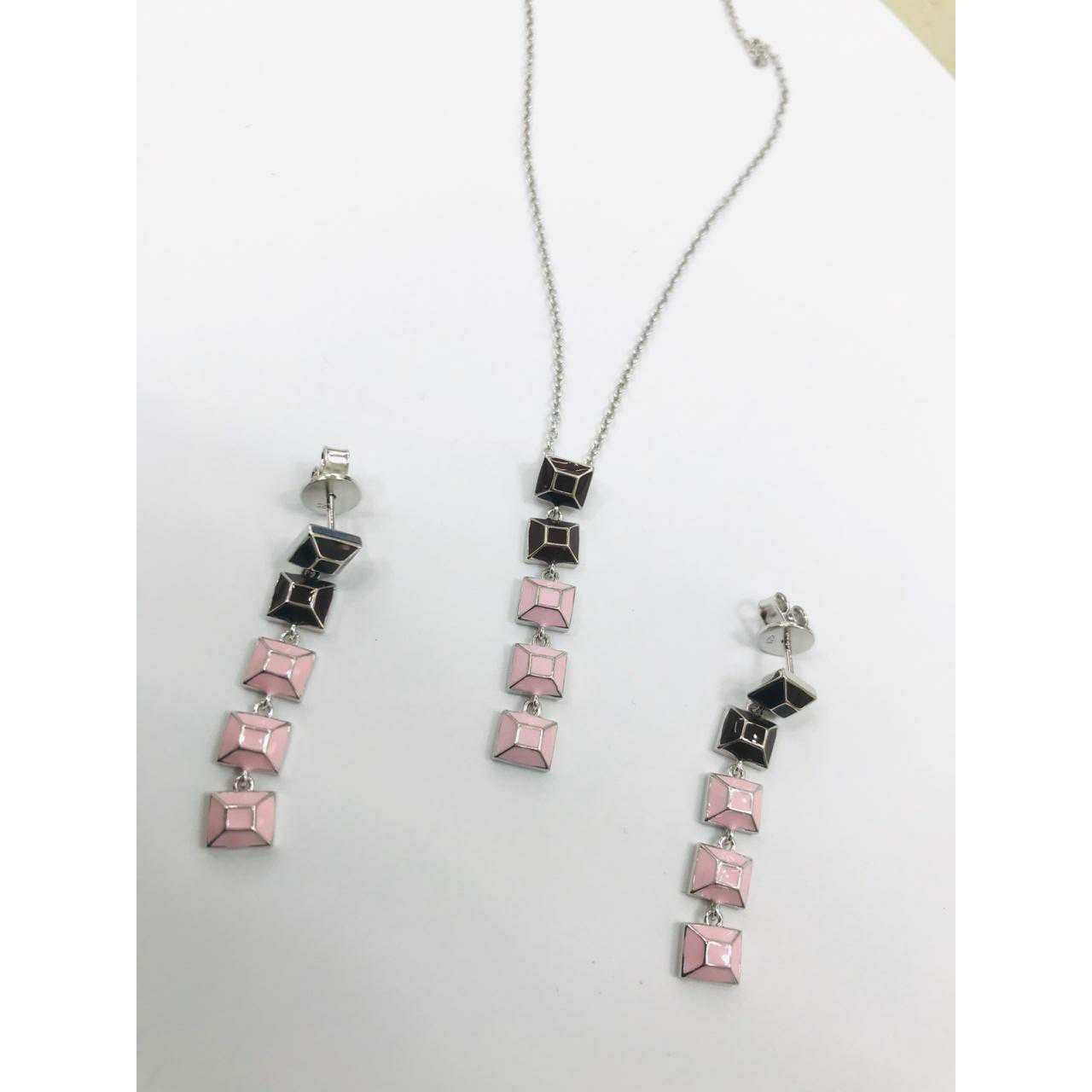 92.5 Sterling Silver Rodyam Chain With Shade Colour Pendant & Earring Ms-3112