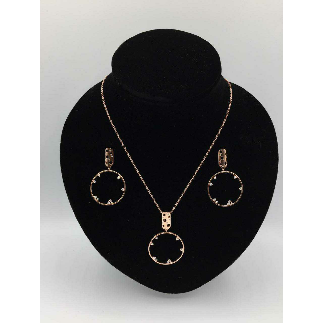 92.5 Sterling Silver Rose Gold Nice Look Chain With Round Pendant & Earring Ms-3103