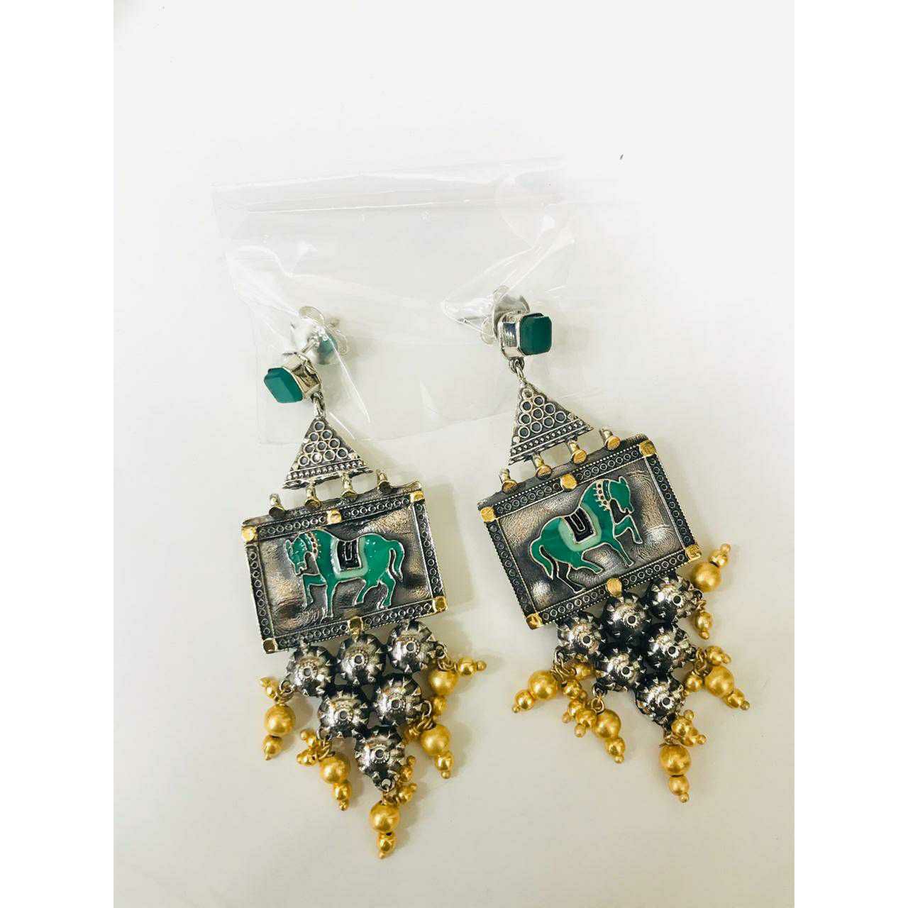 92.5 Sterling Silver Oxodize Mina Horse Ghughru Earrings Ms-2899