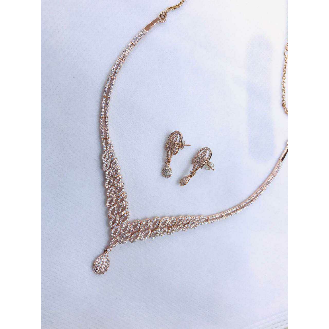 92.5 Sterling Silver Rose Gold Simple Look Necklace Set Ms-2789