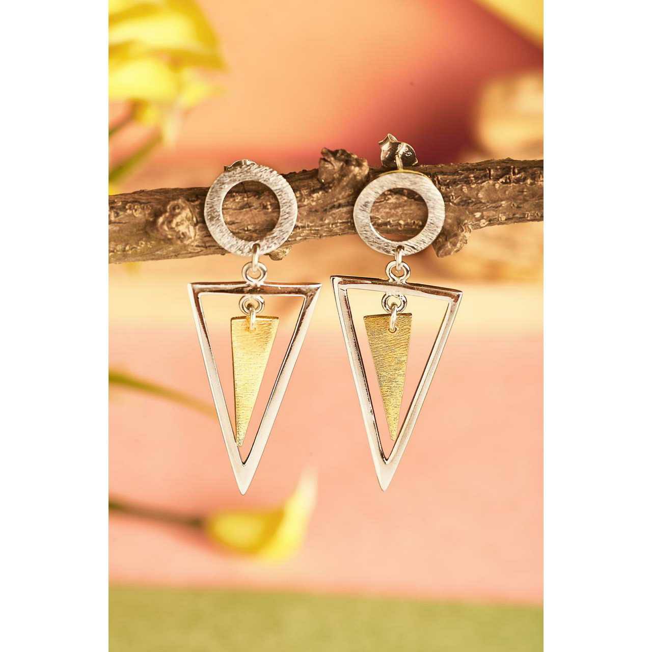 92.5 Sterling Silver Triangle 2(Tone) Plain Gold & Rose Gold Finish Earring Ms-2740