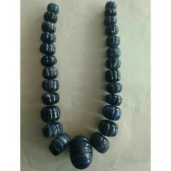 Blue Natural Sapphire Round Melon Cut Beads Mala