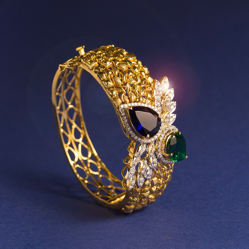 916 gold designer colour stone kada bangle