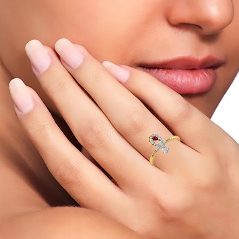 14KT GLD MUSIC SHAPE RED STONE RING - Image 2