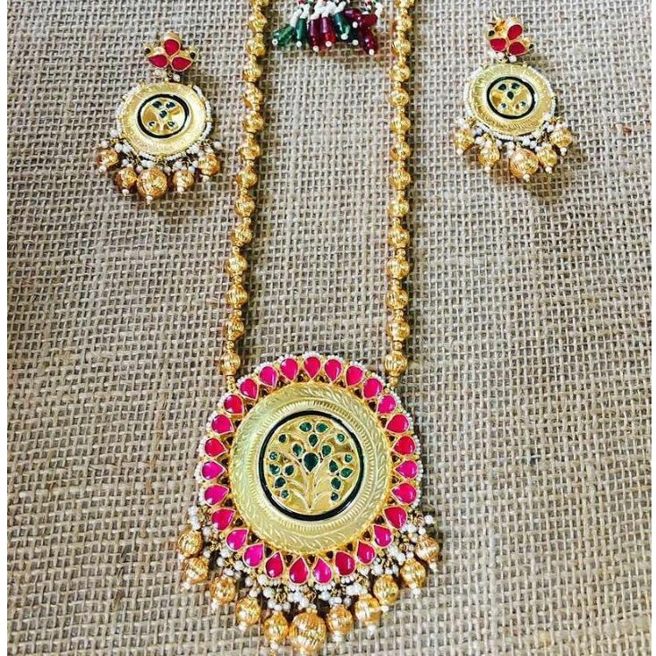916 gold pink and green combination necklace set