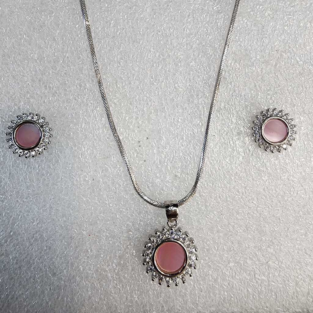 92.5 Sterling Silver Fancy Pink Dimonds Chai Pedent Set
