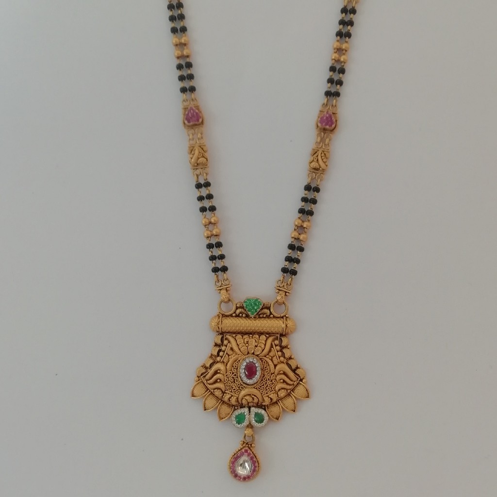 916 gold antique jadtar pink and green stone fancy short mangalsutra