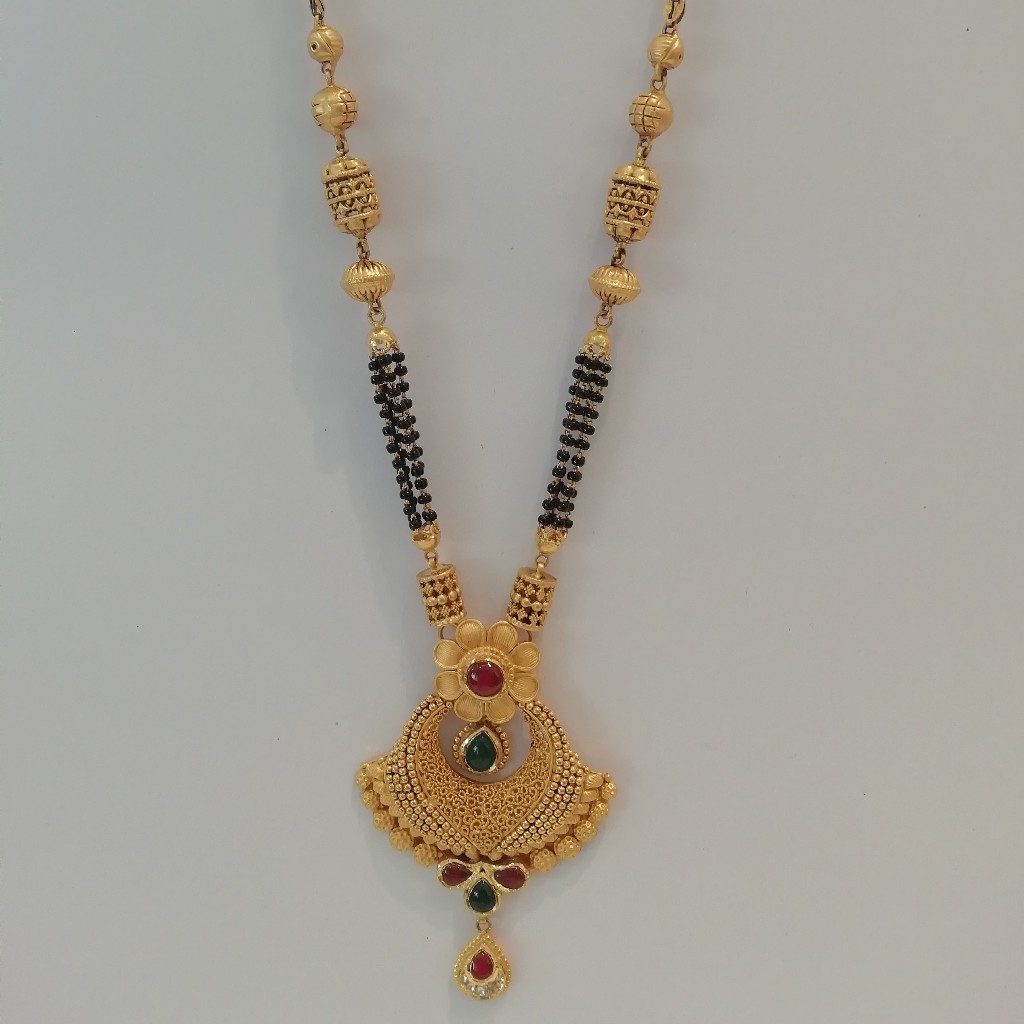 916 gold antique jadtar red & green stone fancy short mangalsutra