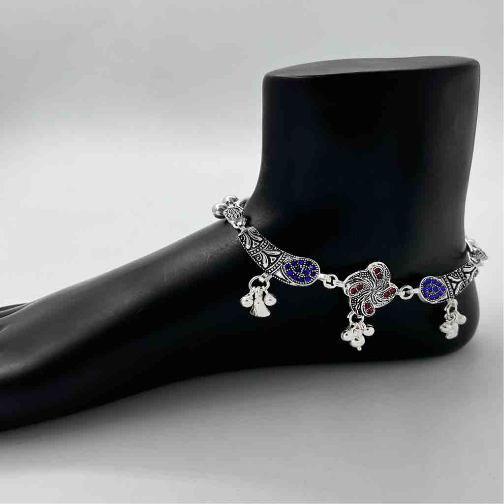Silver Bombey Fancy Multi Colour Oxidised Anklets
