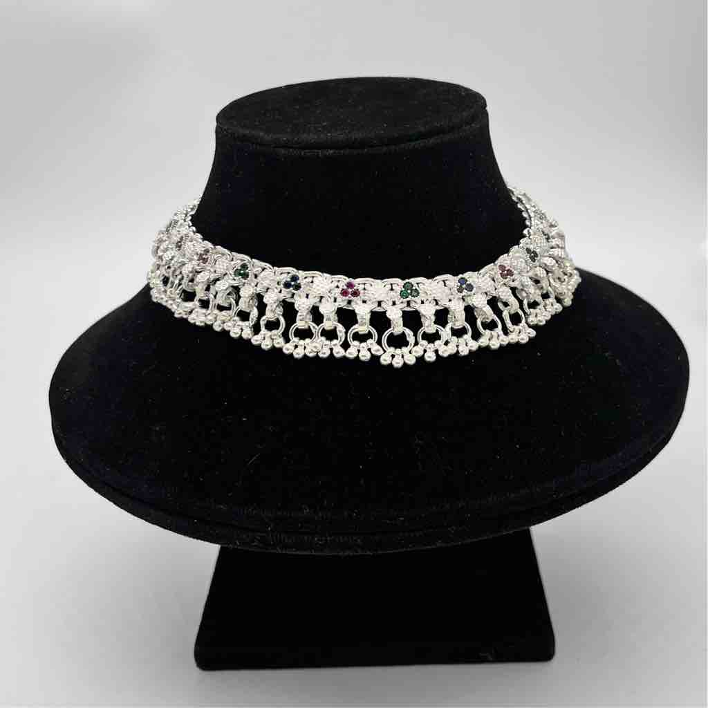 Silver Jodhpuri Fancy Multi Colour Diamond Design Anklets
