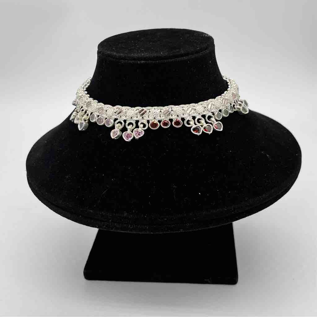 Silver Jodhpuri Fancy Multi Colour Diamond Design Payal