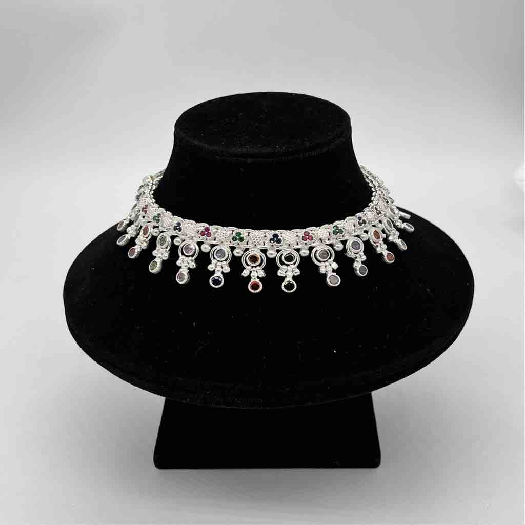 Silver Jodhpuri Fancy Multi Colour Diamond Design Anklets