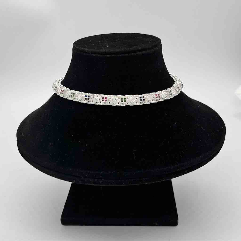Silver Jodhpuri Fancy Multi Colour Diamond Design Anklets