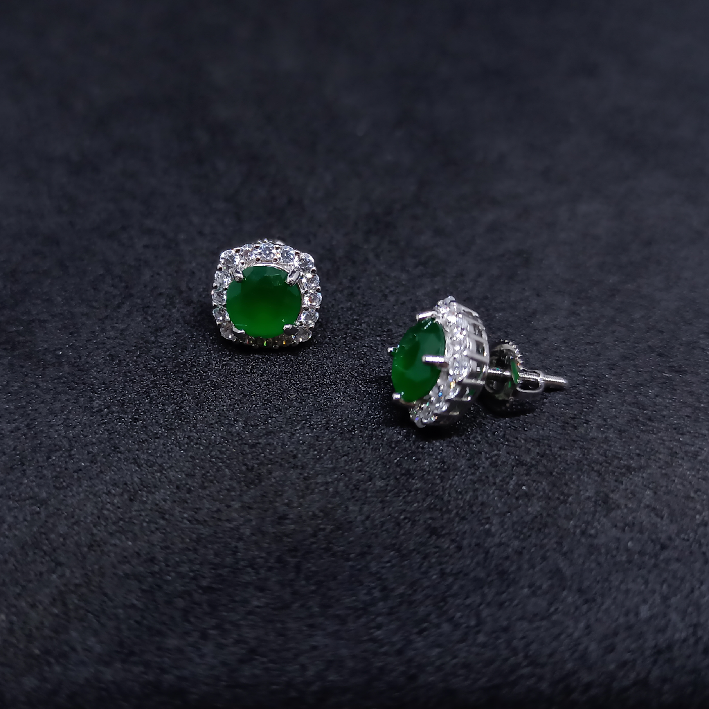 92.5 Silver Earrings Green Stone With Diamond Design