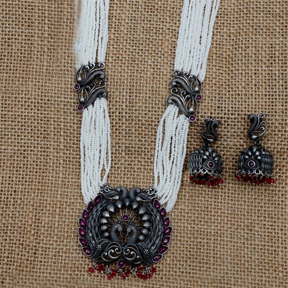 Silver Oxidised Peacock Design Necklace Set