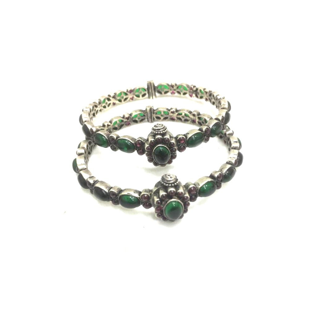 925 Sterling Silver Antique Green Stone Kada