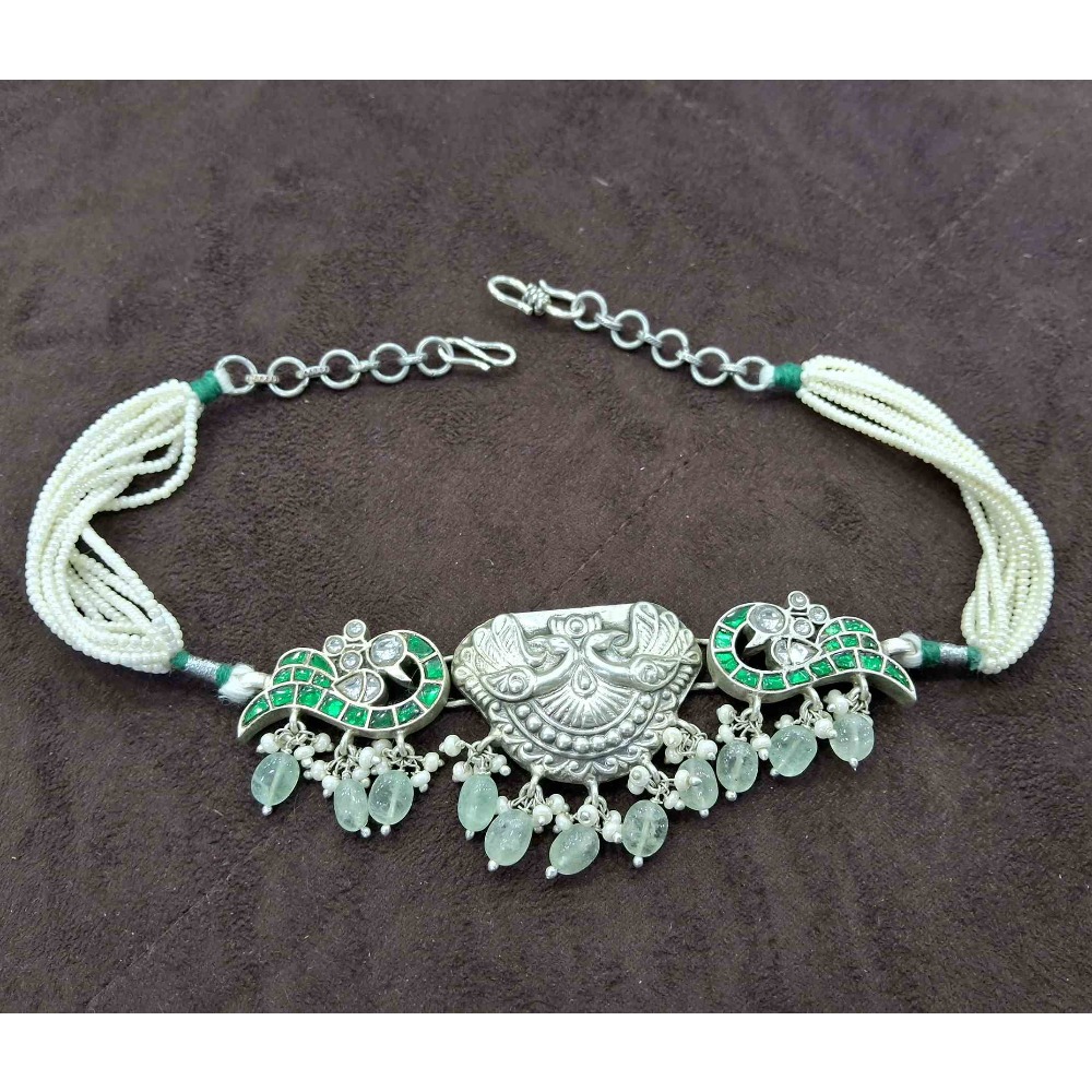 925 Sterling silver peacock kundan stone green choker necklace set