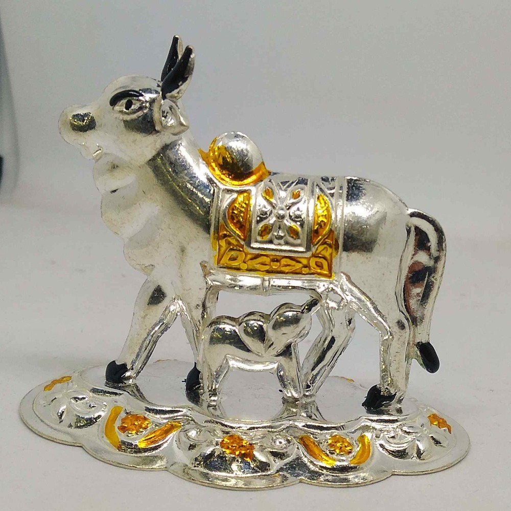 Silver colourful  Gau Mata With bachhda  murti  For Pooja home temple
