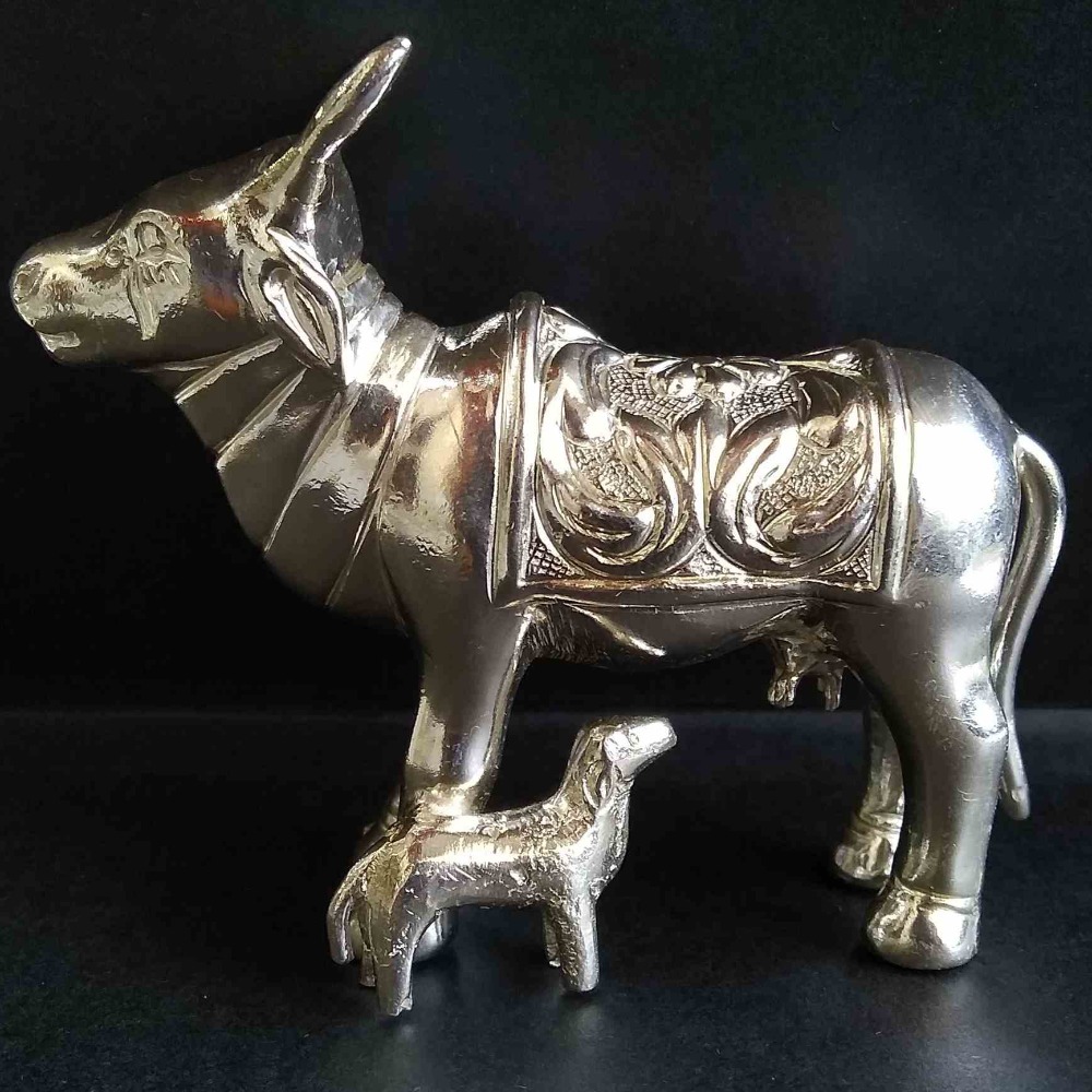 pure Silver Gau Mata With bachhda  murti  For Pooja home temple