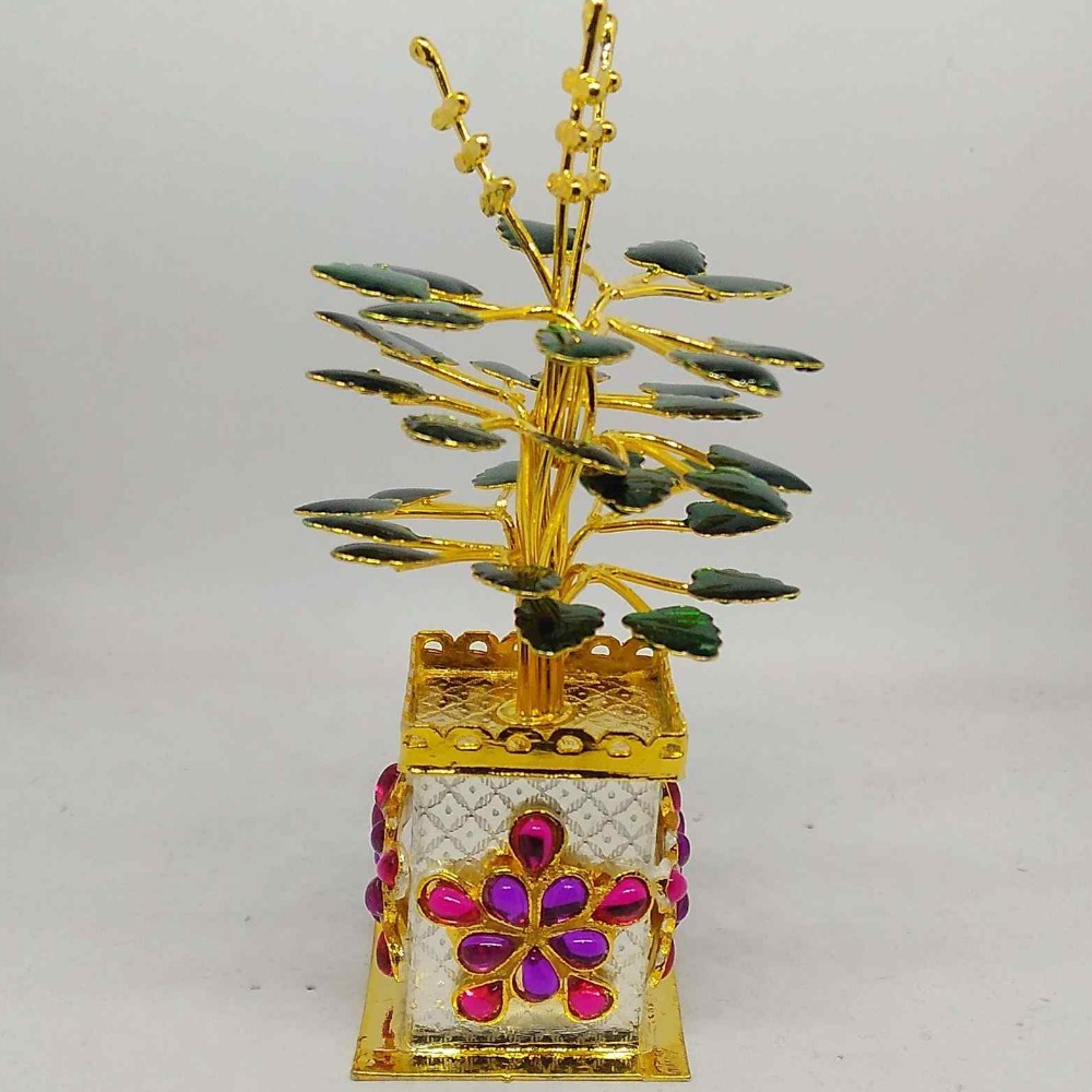 Silver Traditional Gold Plated Colour Stone Tulsi Plant For Pooja