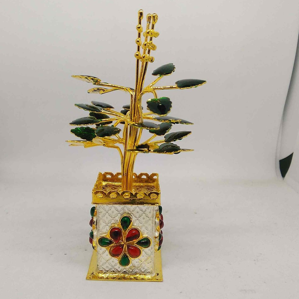 Silver Traditional Gold Plated Colour Stone Tulsi Plant For Pooja