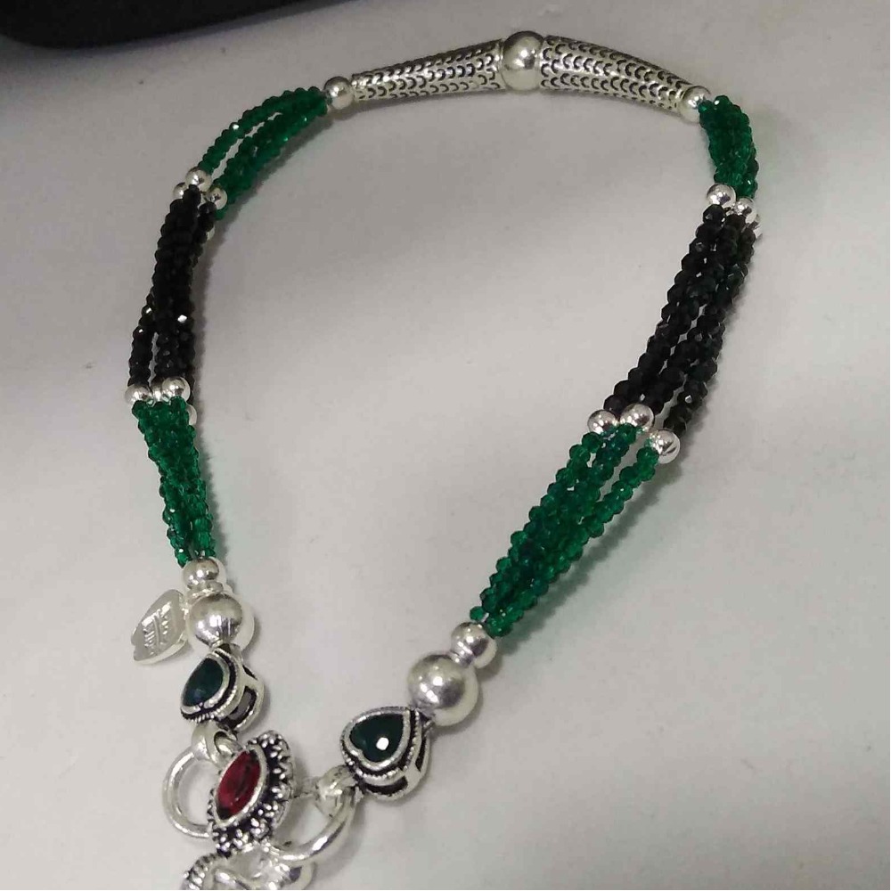 Silver oxidised green & black moti designer fancy anklets