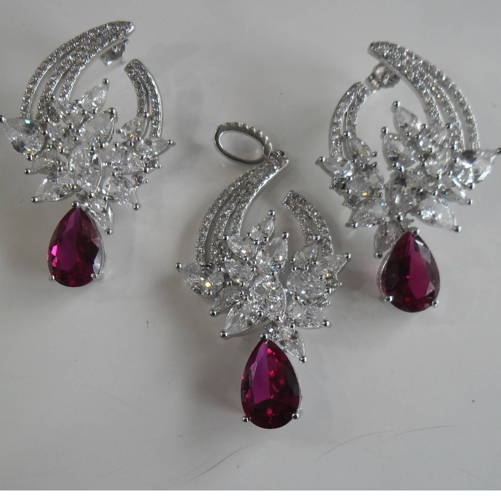 925  silver rani stone & white diamond  pendant butti for girls