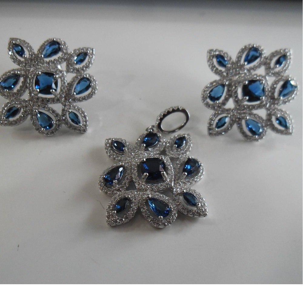 925 Silver  blue stone  & white C Z Diamond Pendant Butti For Girls