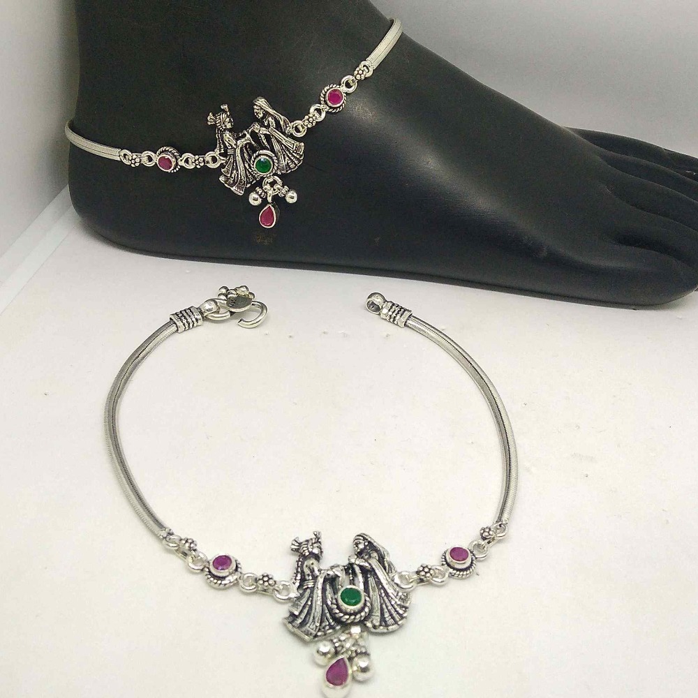 925 silver oxidised & color stone wedding payal for girls