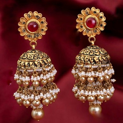 22KT/ 916 Gold antique Bridle Pearl Jhumka earrings for ladies