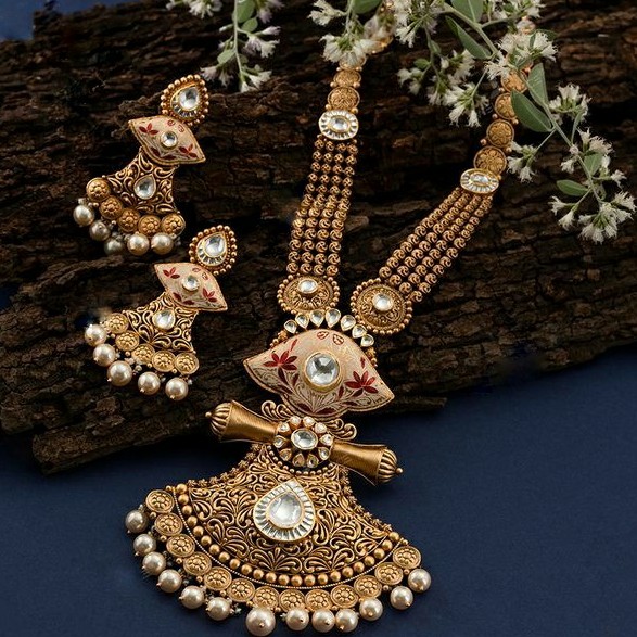 916 Gold antique Bridle Bikaneri mina long Necklace set for ladies