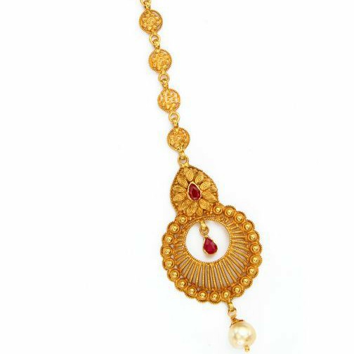 22KT/ 916 Gold Traditional wedding pink stone Mang tikka for ladies