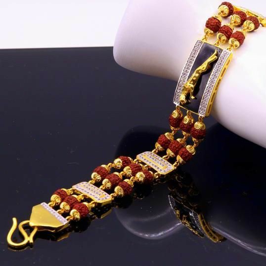 22KT / 916 Gold 3 line Rudraaksh with Jaguar Bracelet for men GBG1001