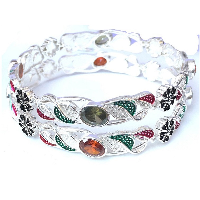 925 Silver Indian Flower Pave Indian Color Stone Bangle