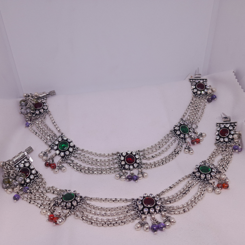 Silver Traditional Red and green stone payal