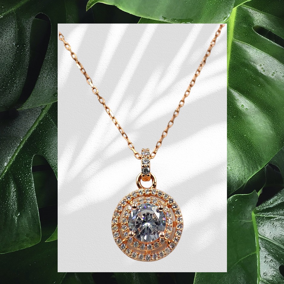 925 silver rose gold coated round halo pendant with link chain