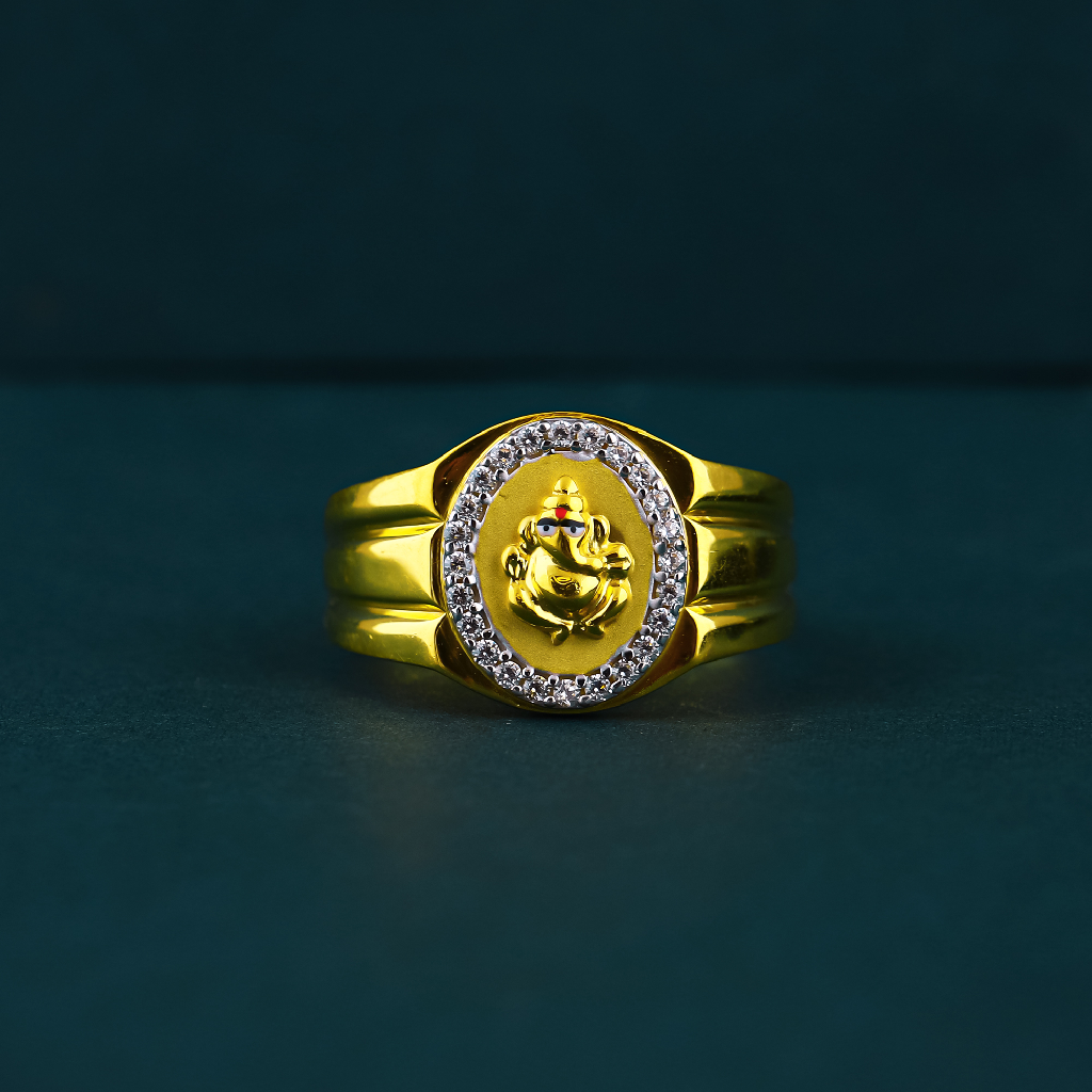 22k 916 Ganpati Design Premium Diamond Gold Ring For Mens