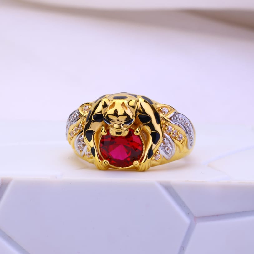 22k gold red colour stone Lion Design gents ring